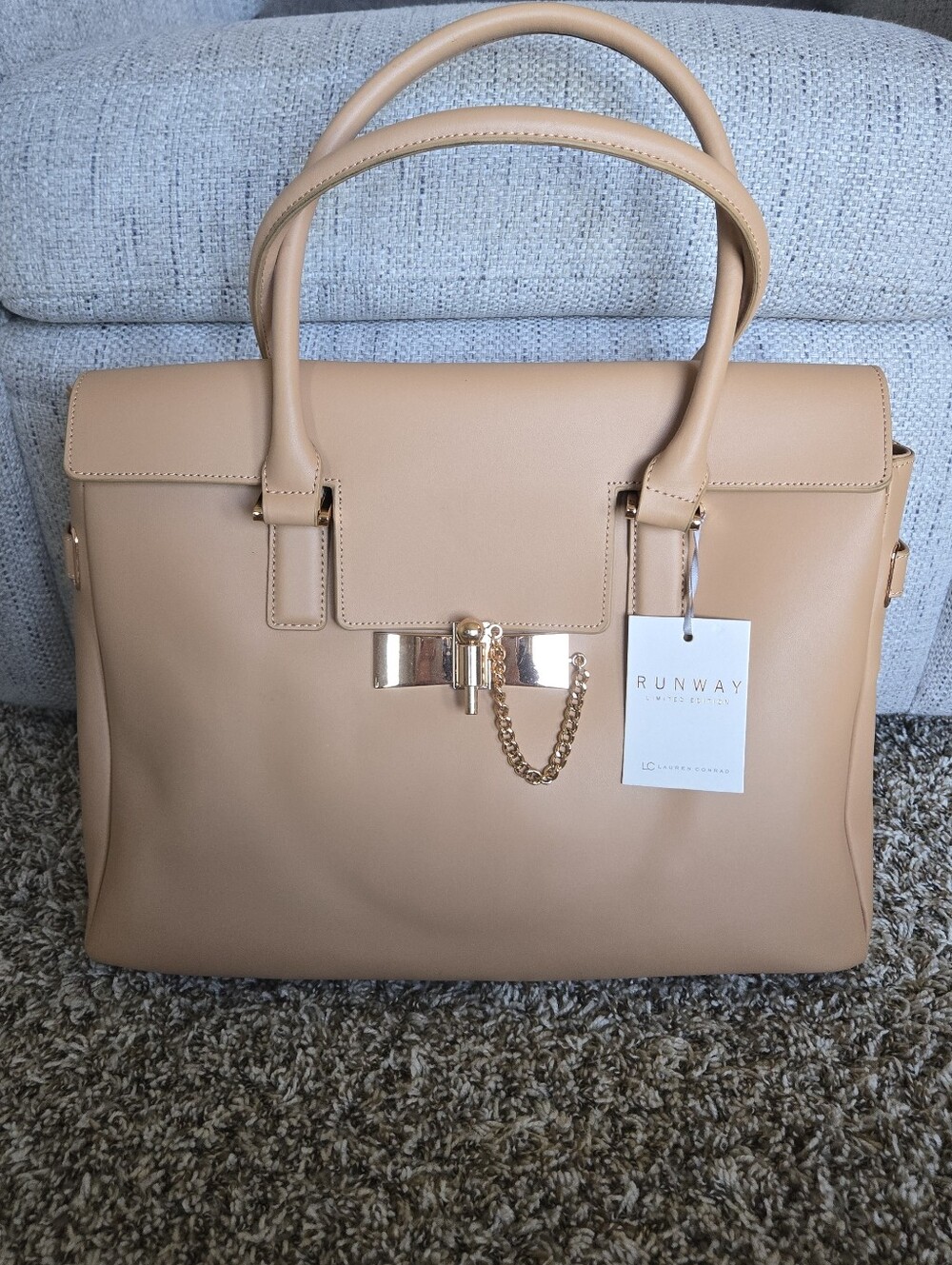 LC Lauren Conrad Runway Collect TAN Leather Tote Handbag Rose Gold Accents